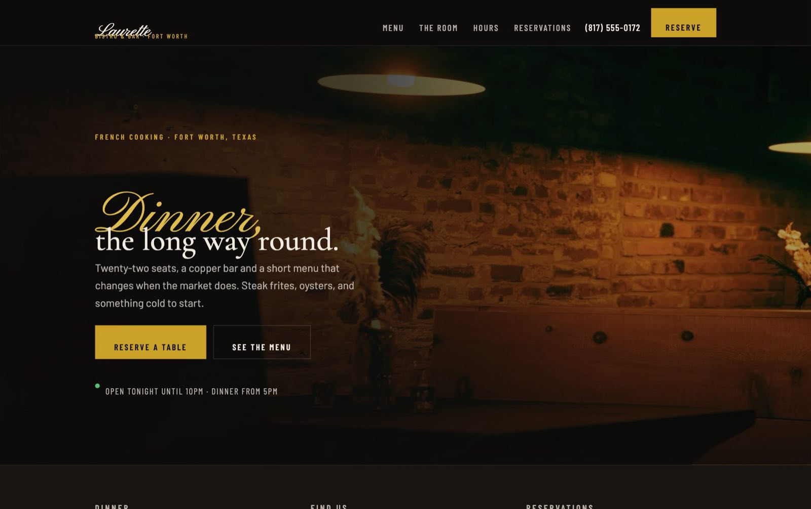 Screenshot of the Bistro Laurette concept site: a dark header and script logo over a photograph of a dimly lit dining room, with a brass Reserve button