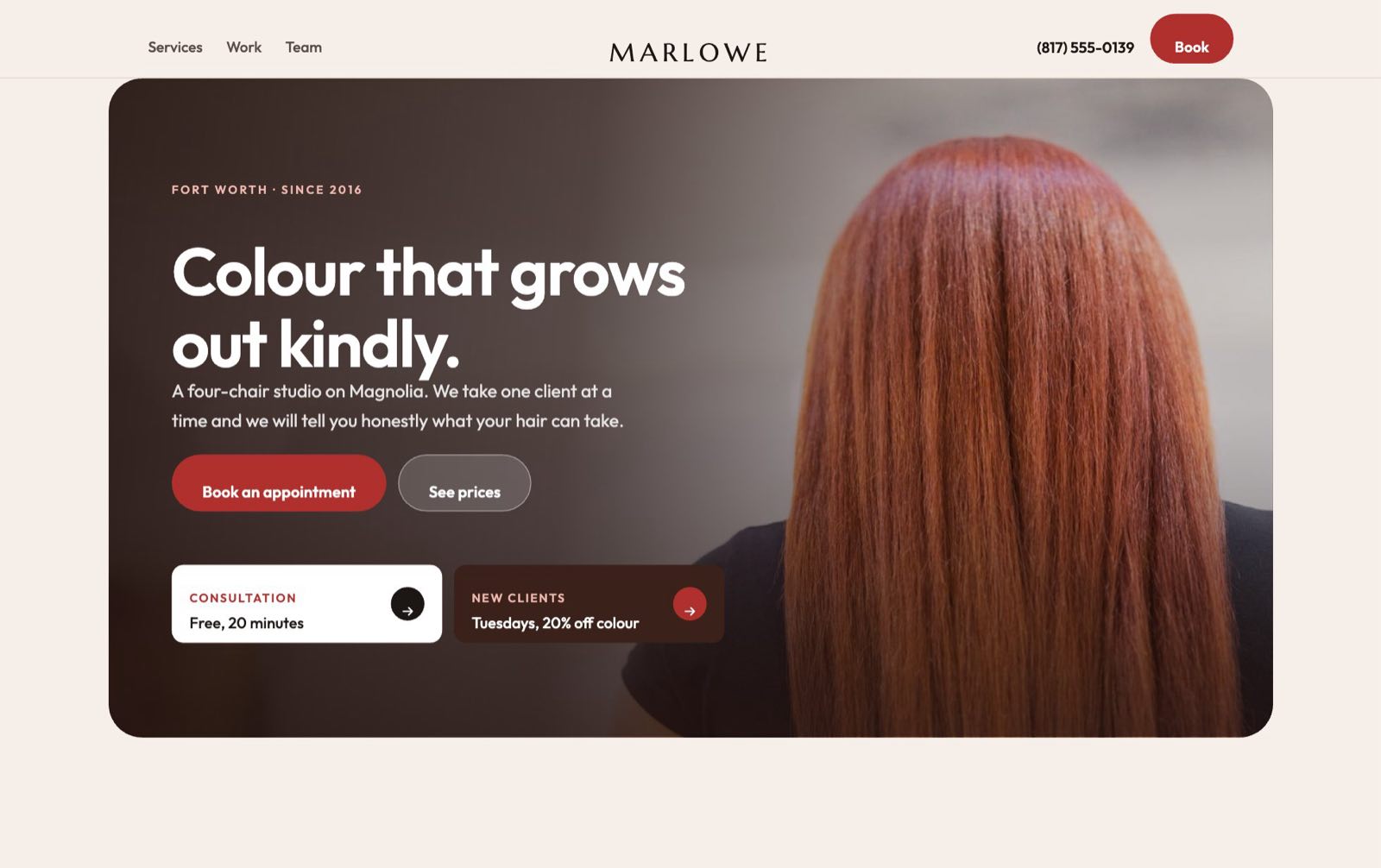 Screenshot of the Marlowe Hair Studio concept site: a blush header with a centred logo above a rounded hero panel showing a client with long copper hair
